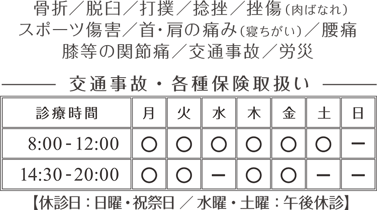 骨折／脱臼／打撲／捻挫／挫傷（肉ばなれ）／スポーツ傷害 / 首・肩の痛み（寝ちがい）／腰痛／膝等の関節痛／交通事故／労災